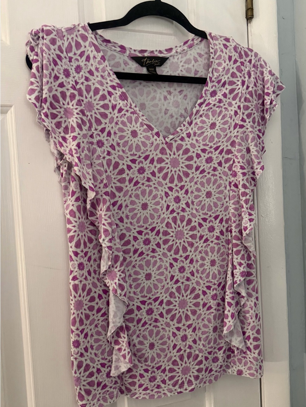Thalia Sodi Medium Purple Print Ruffle Flutter Sleeve Top